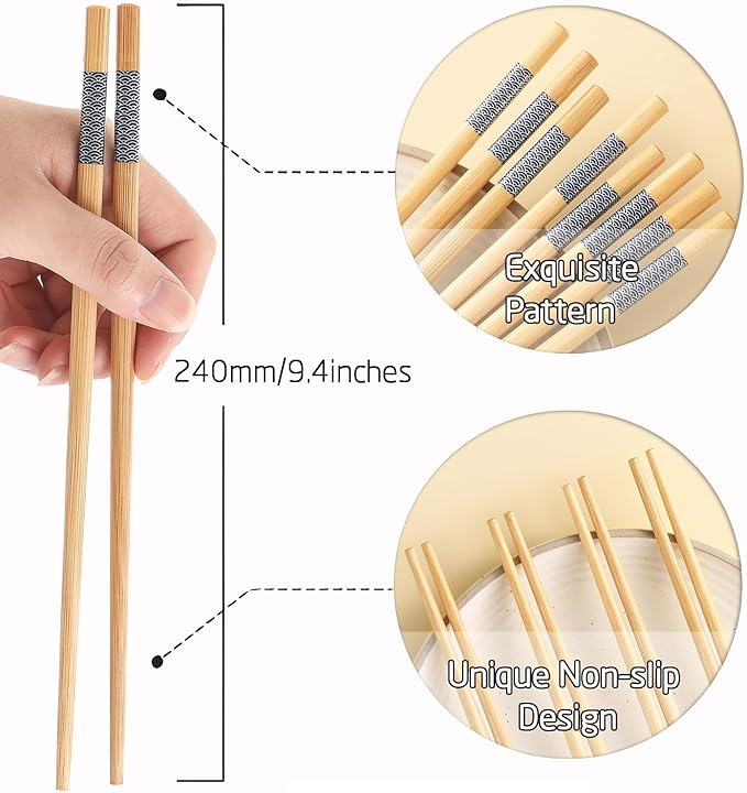 200 Pairs Bamboo Chopsticks - Reusable, Wooden, Disposable, Dishwasher Safe Bulk, 9.4 Inches with Chinese & Japanese Styles,Cloud