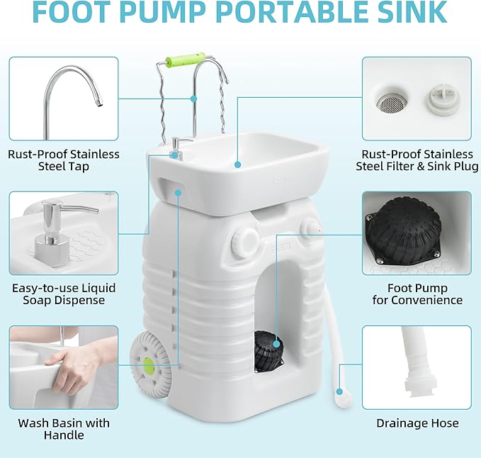 YITAMOTOR Rolling Portable Camping Sink, 45L Handwashing Station with Adjustable Basin, Soap Dispenser, Metal Handle & Large Wheels, Outdoor Washing Stand for Camping, Garden, Worksite, Travel