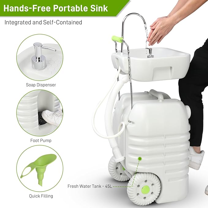VINGLI 45L Upgraded Portable Sink| Rolling Hand Wash Basin Stand with Towel Holder & Soap Dispenser & Wheels, Perfect for Garden/Camping/Outdoor Events/Gatherings/Worksite/RV/Indoor