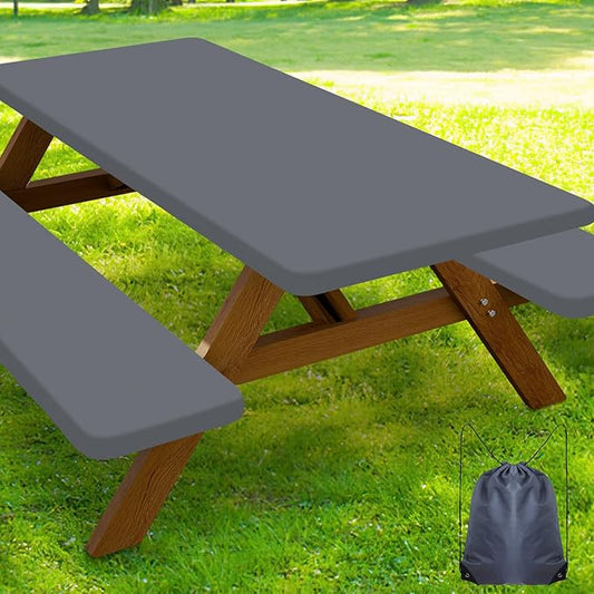 Smiry Picnic Table Cover with Bench Covers, Waterproof Elastic Fitted Polyester Tablecloths for 8 Ft Rectangle Tables, Washable Windproof Tablecloth for Camping, RV & Outdoor (Grey, 30x96 Inches)