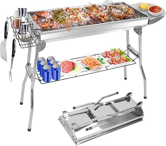Portable Charcoal Grill, Large Stainless Steel Folding BBQ Grill with Storage Shelf, Foldable Barbecue Grill for Outdoor Cooking Camping Hiking Backyard Garden Picnic Parties Kabob (39x13.4x28 Inch)
