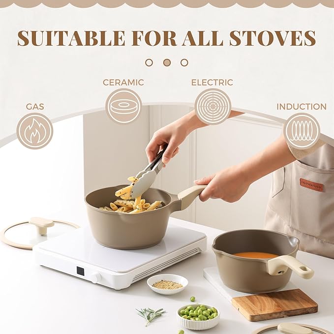 Nonstick Saucepan Set with Lids, 2QT and 2.7QT Sauce Pan Set, Non Toxic Sauce Pots with Pour Spouts for Multipurpose Use, PFOA Free, Induction Compatible Apricot