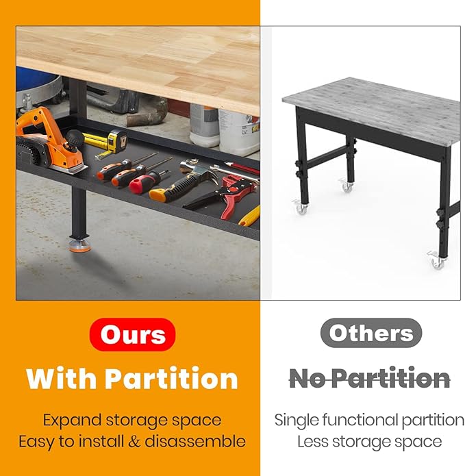 48"/60'' Adjustable Workbench, Rubber Wood Top Work Bench Heavy-Duty Work Table w/Power Outlet, Partition,2000 LBS Load Capacity Work Benches for Garage, Workshop, Home, Office, Easy Assembly