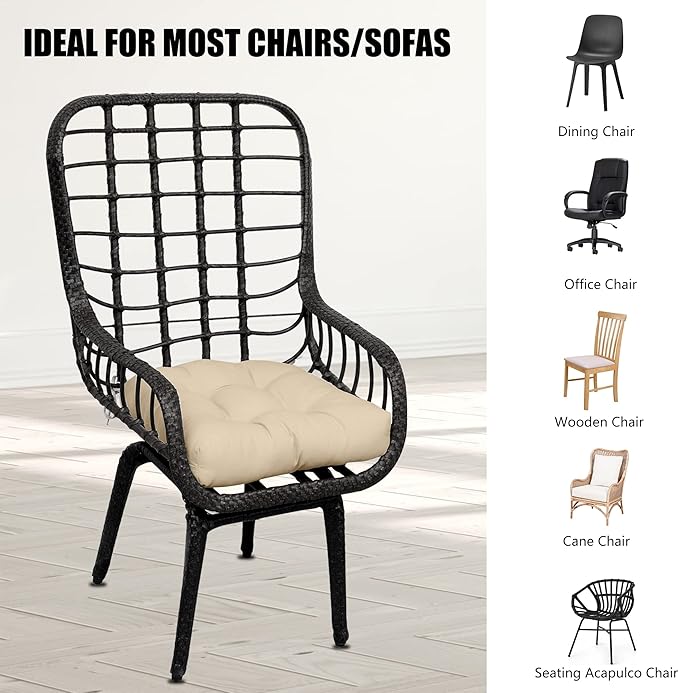 RACE LEAF Outdoor Seat Cushions Set of 2, 17" x 17" Square Patio Cushions, Plump Filling Tufted Water-Resistant Olefin Chair Seat Cushion with Ties for Non-Slip Support, Khaki