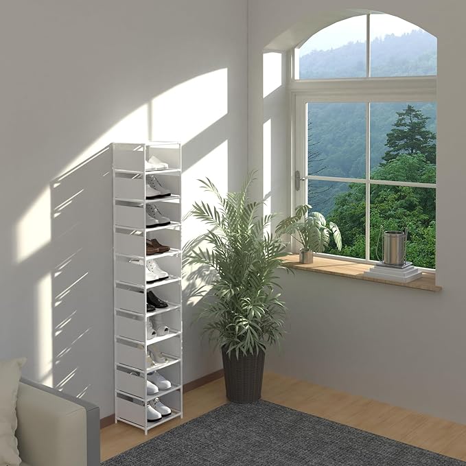 Narrow Shoe Rack, 10 Tier Vertical Shoe Rack for Closet Entryway, White Tall Slim Shoe Tower for Small Spaces, Shinky Shoe Organizer, Space Saving Corner Shoe Shelf