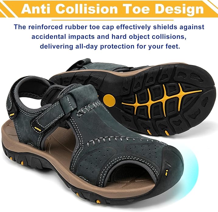 Men's Sport Sandals Closed Toe Leather Hiking Athletic Walking Outdoor Beach Trail River Fishing Water Shoes Lightweight Comfortable Waterproof