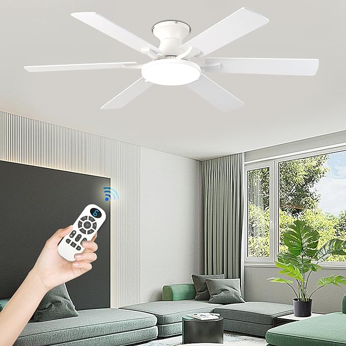 Ceiling Fans with Lights,54 Inch Low Profile Ceiling Fan with Light and Remote Control,6 Speeds/6 Blade,Flush Mount,LED Dimmable DC Reversible Modern, White Ceiling Fan for Bedroom/Living Room