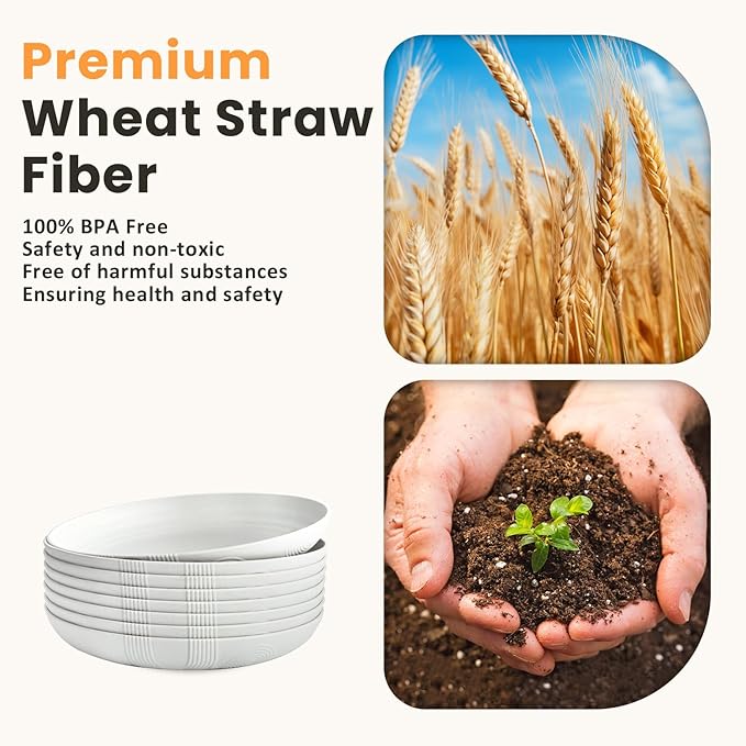 Homienly Wheat Straw Plates, 8 Inch Dessert Plates Set of 8, Unbreakable White Round Plate - Alternative to Plastic Plates, Lightweight Microwave and Dishwasher Safe Plate Set for Camping - White