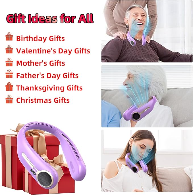 Portable Neck Fan,Gift Ideas,Personal Wearable Bladeless Fan,360° Cooling,LED Display,4-Speeds,6000mAh Rechargeable,Powerful Wind,Outdoor Travel Camping,Birthday Gifts for Men Women Dad Mom (Purple)