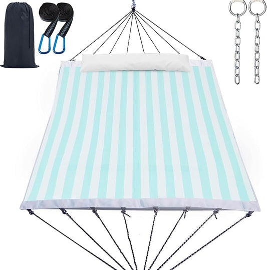 14ft Two Person Outdoor Hammock, Portable Camping with Folding Steel Spreader Bar, Carrying Bag, Carabiners, Tree Straps, Pillow & Sidebag, Quick Dry Textilene, 550 lbs Capacity (Cyan)