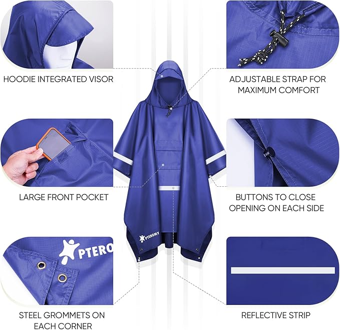 PTEROMY Hooded Rain Poncho for Adult with Pocket, Waterproof Lightweight Unisex Raincoat for Hiking Camping Emergency