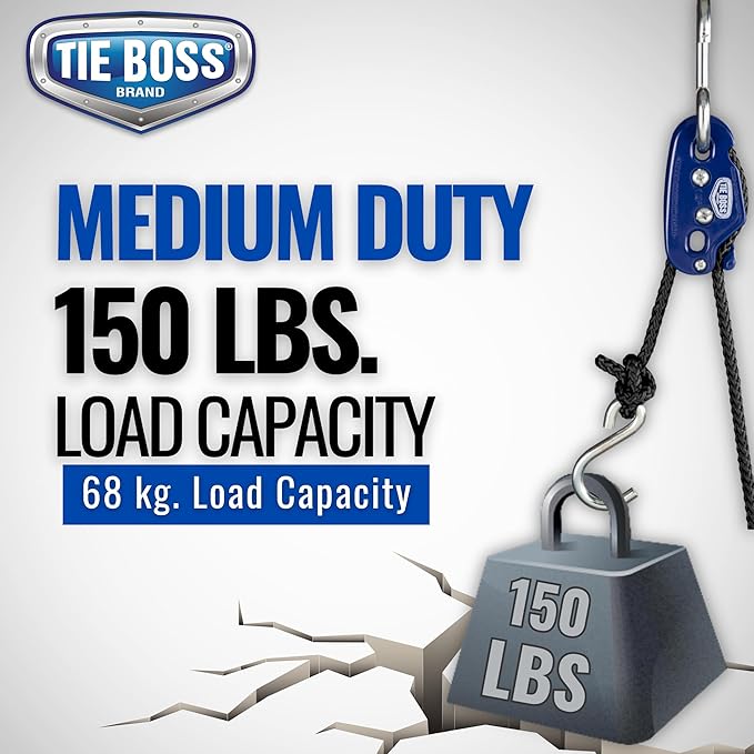 Tie Boss - 1/4 Inch, Medium Duty, (150 lbs Working Load Limit), Weather Resistant, Tie Down, Rope Tightening System, (w/15 ft Rope) (Pack of 1) (Blue)