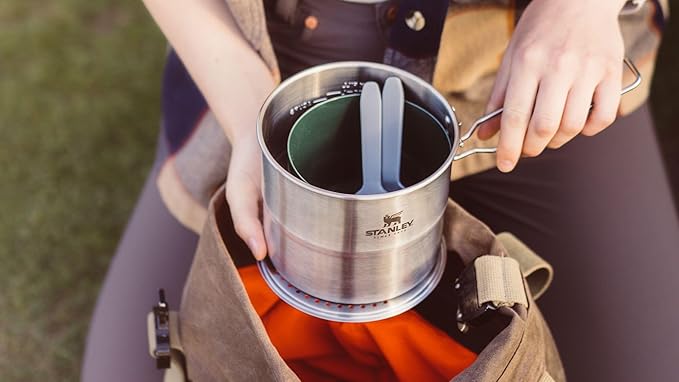 Stanley Wildfare Go Two Bowl Mess Kit | 8pc Portable Pot & Cookware Set | 1.25qt Stainless Steel Pot w/Locking Handle, Lid, 2 Bowls & Sporks