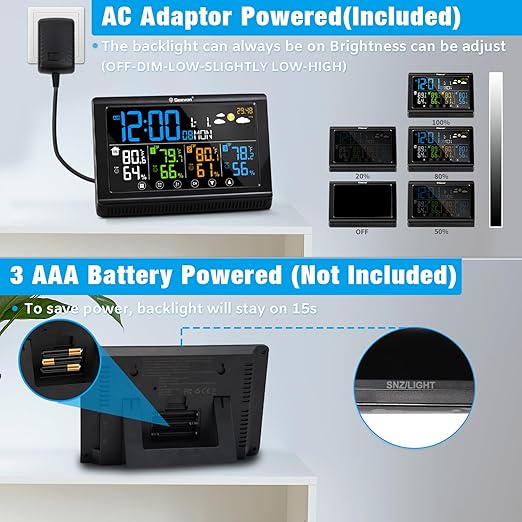 Geevon Weather Station Wireless Indoor Outdoor Thermometer 3 Sensors, Color Display Digital Temperature Humidity Monitor with Barometer, Calendar, USB Charge and Adjustable Backlight