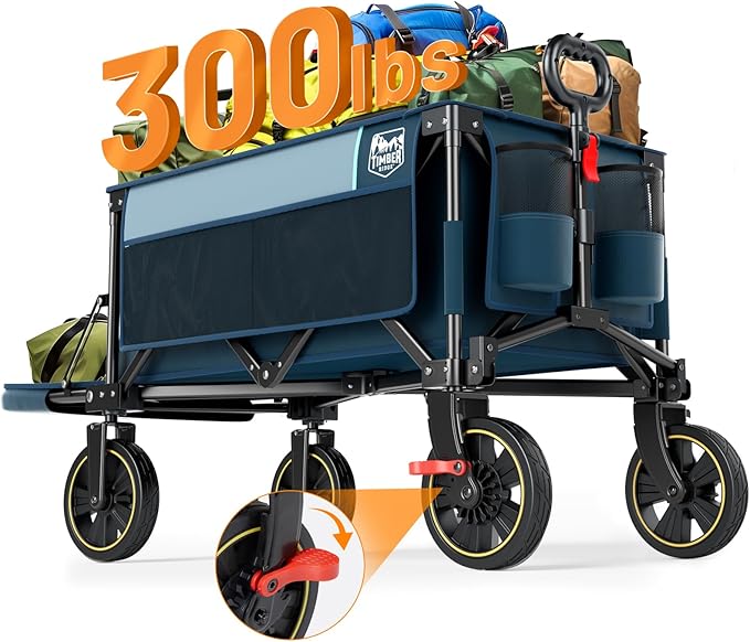 Timber Ridge 49" Extra Long Collapsible Folding Wagon with Tailgate and Brakes, 300lbs Heavy Duty Foldable Wagon with Adjustable Handle, 250L Capacity Portable Cart for Outdoor Camping Sports, Blue