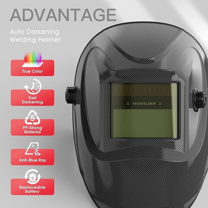 YESWELDER Auto Darkening Welding Helmet, Blue Light Blocking, 1/1/1/1 True Color Solar Powered Welding Hood with 2 Arc Sensors, Wide Shade 3.5/9-13 Welder Mask for TIG MIG ARC and Grind