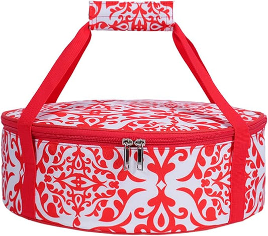 Round Insulated Pie Carrier – Thermal Portable Lunch Transport Cheesecake Cake Dish Container Bag Keep Food Hot/Cold/Fresh for Potlucks Parties Gathering/Cookouts/Church Dinner/Outdoor Events-Red