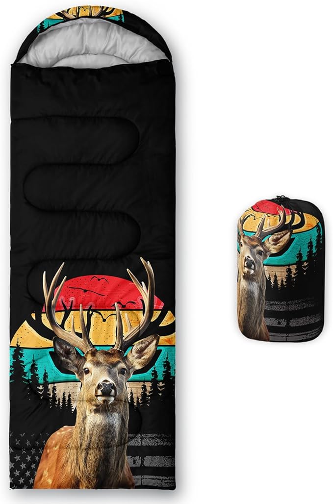 HOSIMA Dear Hunting Pattern Cold Weather Sleeping Bags for Adults,Black Light Weight Sleeping Bags for Kids Adults,WaterProof Sleeping Bags for Outdoors Hiking.