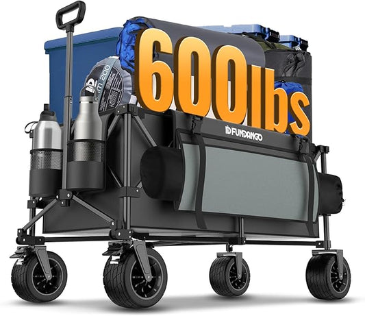 FUNDANGO 600lbs Heavy Duty Wagon, Foldable Beach Collapsible Wagons Garden Cart with Brakes, Side Pockets & All-Terrain Big Wheels for Sports Camping Shopping Groceries, Black