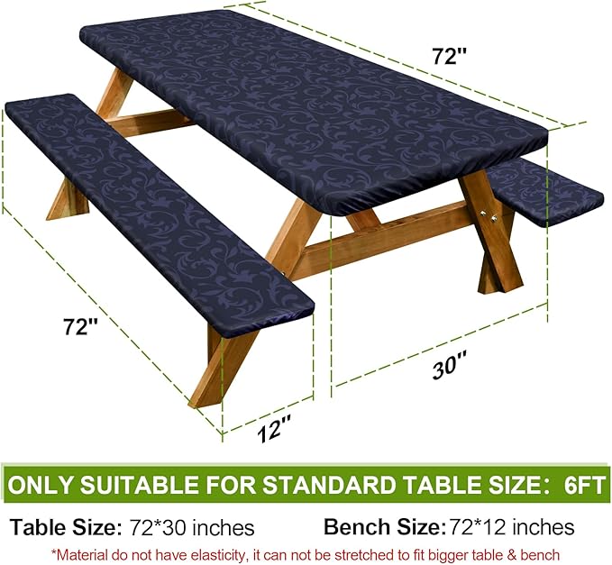 Picnic Table Cover with Bench Covers Camping Essentials Waterproof Windproof Camping Tablecloth with Drawstring Bag, Fitted Rectangle Tables and Seats, 72in, Midnight Blue