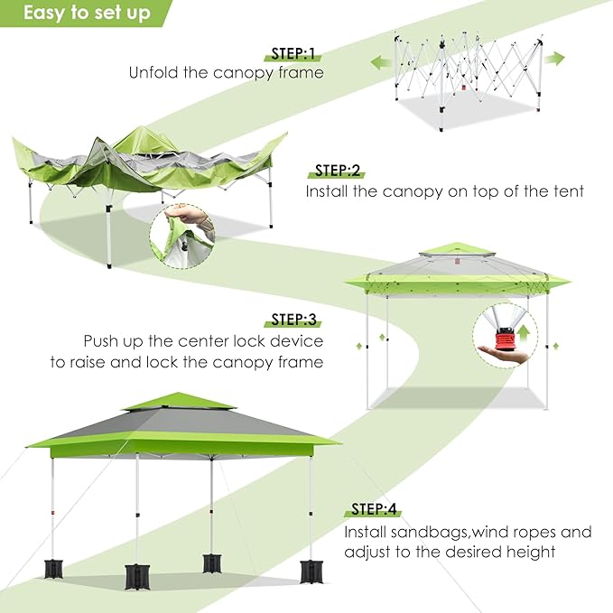 TLSUNNY 12X12 Pop Up Canopy Tent, Camping Shader W/Overhanging Eaves & Sand Bag, Outdoor Gazebo Shelter W/One Push Setup & Wheeled Bag, Height Adjustable, for Patio, Market, Party (Green, 12FTX12FT)