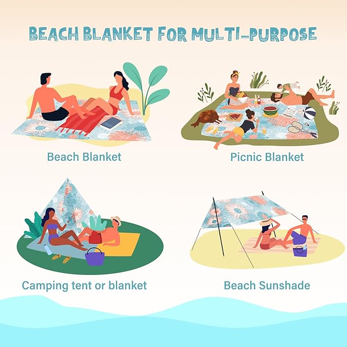 Beach Blanket Waterproof Sandproof 1-7 Adult Oversized 78 '' × 110 '' Lightweight Durable Compact Sand Free Beach Mat for Travel Camping Hiking Picnic Blanket Extra Large