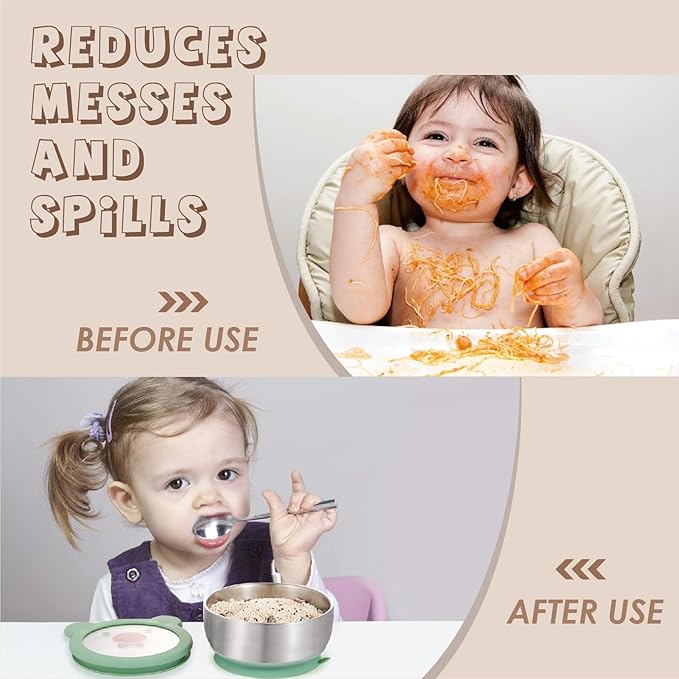 MR. CHOU Baby Bowls with Non-Slip Silicone Suction Cup, Insulated Double-Layer 304 Stainless Steel Toddler Bowls with BPA Free Airtight Lids, Food-Grade Silicone Safe for Kids (Green)