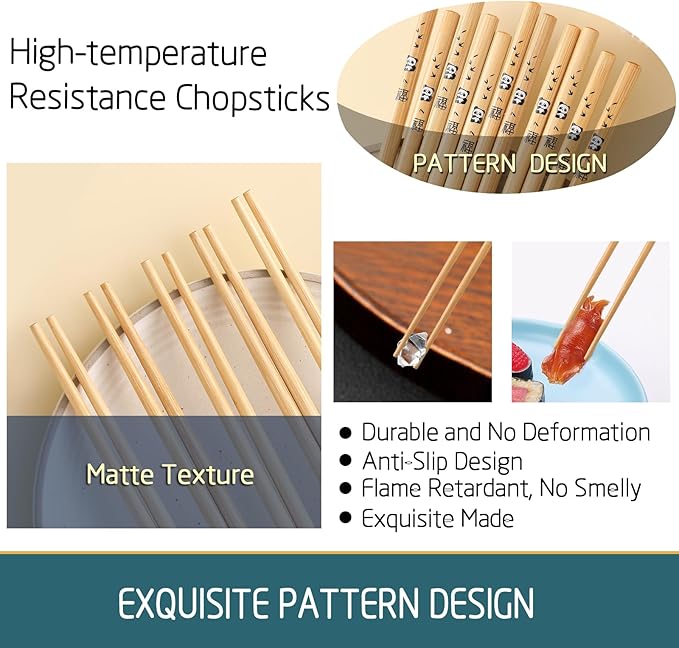 200 Pairs Bamboo Chopsticks - Reusable, Wooden, Disposable, Dishwasher Safe Bulk, 9.4 Inches with Chinese & Japanese Styles,Panda