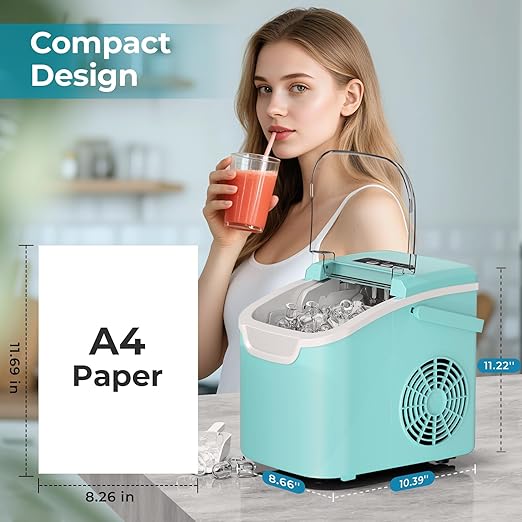 Countertop Ice Maker – 8 Bullet Ice (6 Mins), 26.5lbs/24Hrs – Self-Cleaning, Portable & Adjustable Size with Touch Display