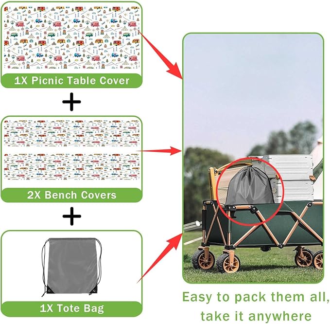 Picnic Table Cover with Bench Covers, Colorful Cartoon Camping Icons Elastic Edges, Waterproof Windproof Fitted Tablecloth, for Outdoor Camping Patio Garden, Includes Drawstring Bag, 72 in