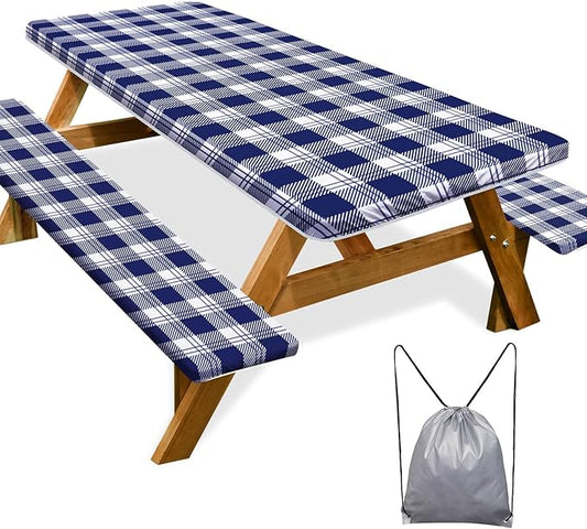 Picnic Table Cover with Bench Covers Camping Essentials Waterproof Windproof Camping Tablecloth with Drawstring Bag, Fitted Rectangle Tables and Seats, 72in, Blue Checkered