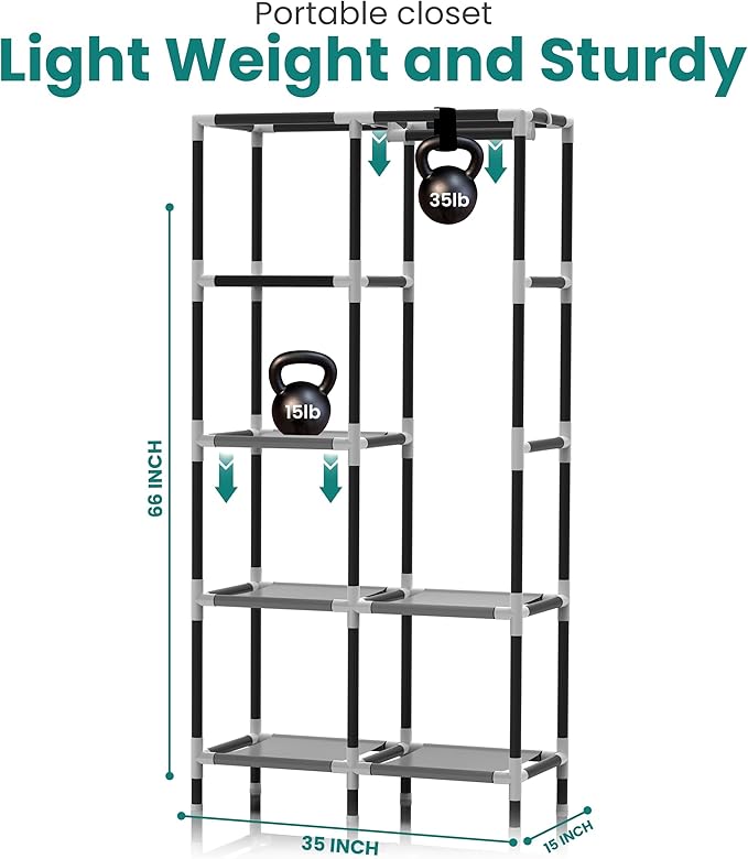 Portable Closet Wardrobe with 6 Storage Shelves and 1 Hanging Rack | Small Closet Clothes Organizer Portable Wardrobe Closet for Hanging Clothes (Grey, Small)