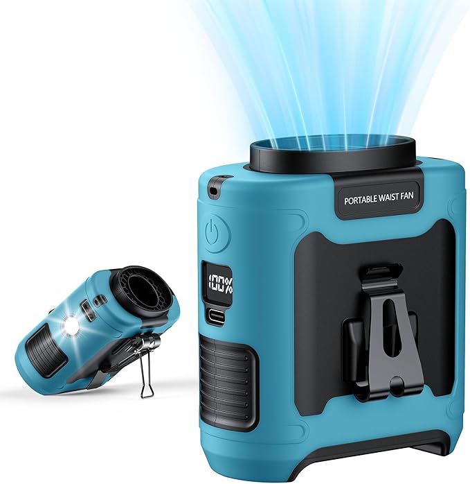 AI Portable Waist Clip Fan, Upgraded 10000mAh Rechargeable Battery Wearable Belt Personal Fan, 16000RPM Powerful 5 Speeds Shirt with Flashlight Neck Hands-Free 40H Cooling (Blue)