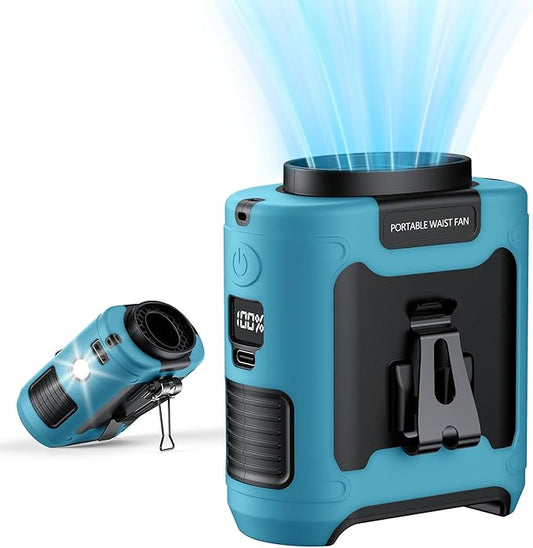 AI Portable Waist Clip Fan, Upgraded 10000mAh Rechargeable Battery Wearable Belt Personal Fan, 16000RPM Powerful 5 Speeds Shirt with Flashlight Neck Hands-Free 40H Cooling (Blue)