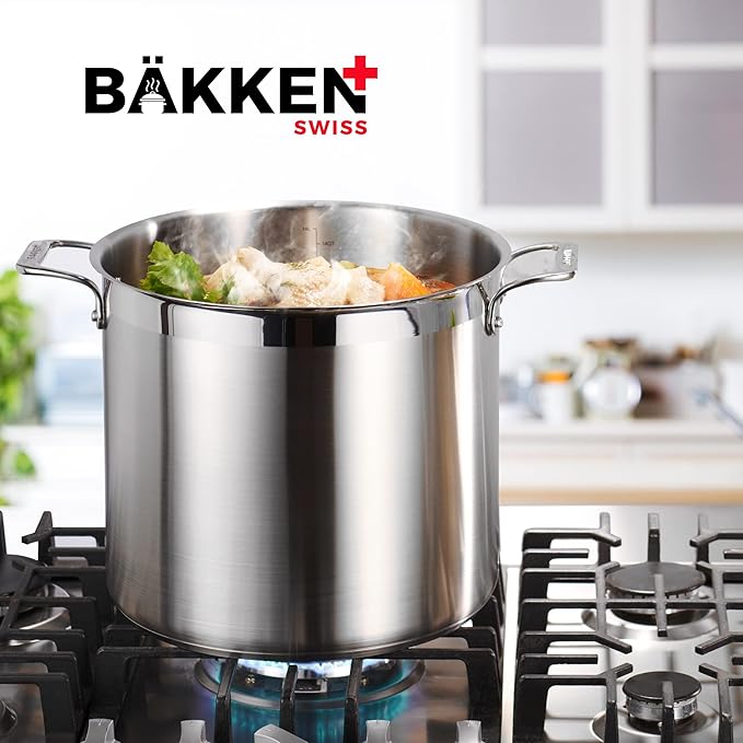Stockpot – 20 Quart – Brushed Stainless Steel – Heavy Duty Induction Pot with Lid and Riveted Handles – For Soup, Seafood, Stock, Canning and for Catering for Large Groups and Events by BAKKEN