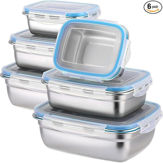 Nuanchu 6 Packs Stainless Steel Food Storage Containers Airtight Metal Food Containers Meal Prep Container Leak Proof Stackable Bento Lunch Box with Lids for Kitchen Travel Picnic and Camping (Blue)