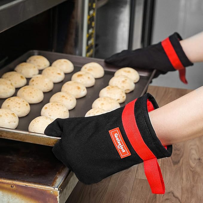 Silicone Oven Mitts, Magnetic Oven Mitt Set, Cotton Oven Mits Heat Resistant, Anti-Slip Hot Mitts for Kitchen, Cooking, Baking, Grilling, Black