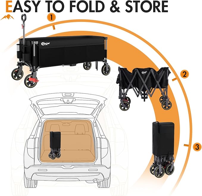 PORTAL 51.2" Long Wagons Carts Foldable with Brakes, Large Foldable Wagon with Cargo Net, Side Pocket, Cup Holders, 350 LBs Heavy Duty Utility Grocery Wagons for Sports, Camping