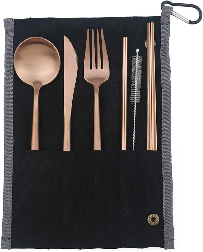 Portable 6 Pieces Flatware Set, 304 Stainless Steel Knife, Fork, Spoon, Chopsticks, Metal Straw, Cleaning Brush, Durable Travel Cutlery Set, Black Pouch Bag, Rose Gold