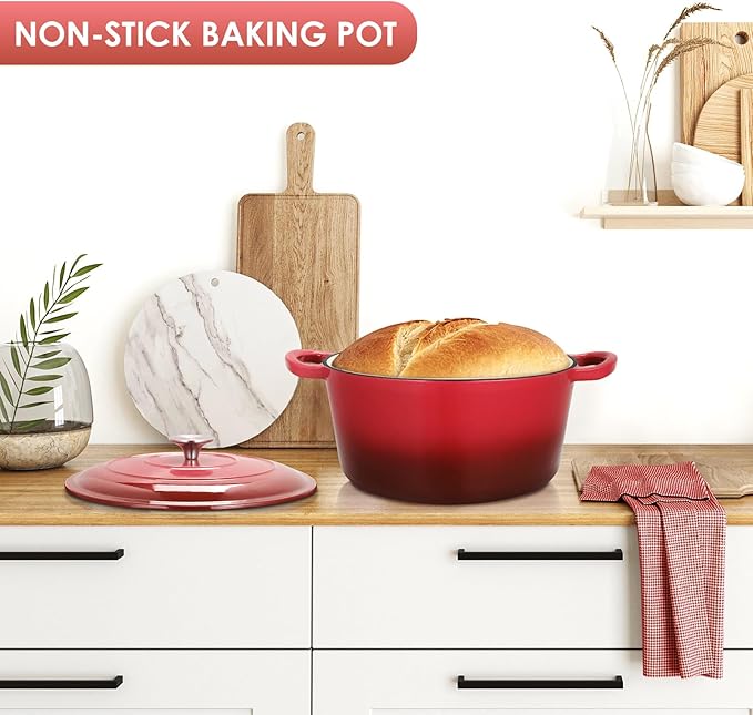 LIFERUN 6 Qt Enameled Cast Iron Dutch Oven Pot with Lid，Oven Safe up to 500° F, Non-Stick Dutch Oven with Dual Handles for Bread Baking, Fry Foods, Braising, Stews, Roasting (Red)