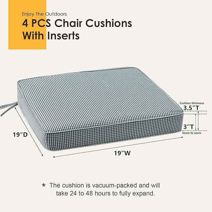 Outdoor Square Corner Seat Cushion, 19"x19"x3", Set of 4, Non Slip Seat Cushion Pads with Removable Cover for Patio Furniture, Garden Yard Lawn, Black White Mini Check