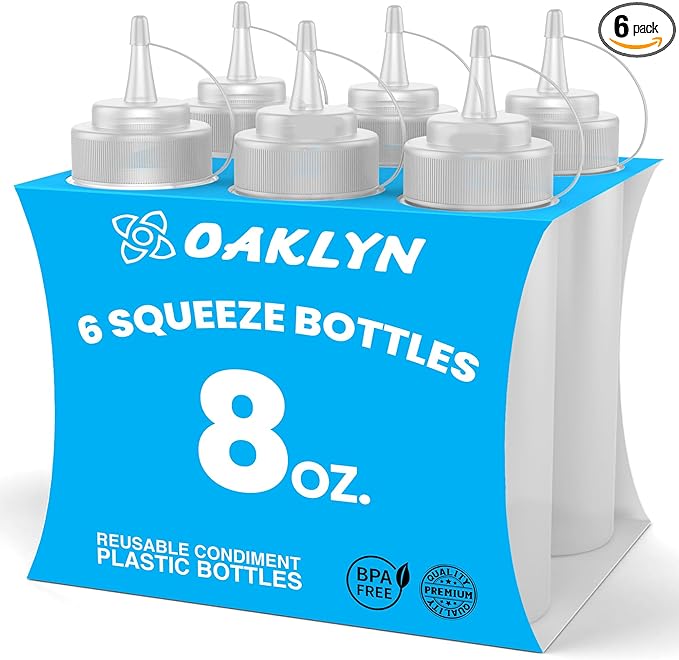 Oaklyn Squeeze Bottles 8oz 6 Pack - Reusable Condiment Bottles for Sauces Liquids BPA-Free Leak Proof Design, Easy to Clean Plastic Squeeze Bottles with Nozzle