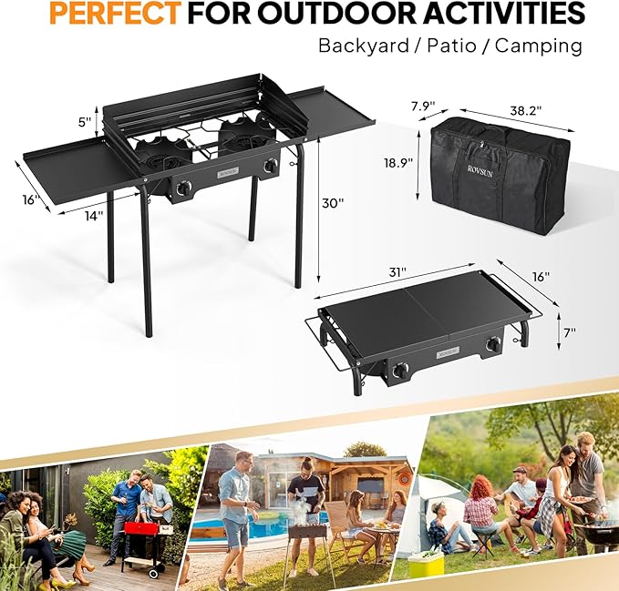 ROVSUN 2 Burner Outdoor Propane Gas Stove with Regulator, Windpanel, Bag & Side Shelves, 150,000 BTU Powerful Stand Cooker for Backyard Cooking Camping Home Brewing Canning Turkey Frying