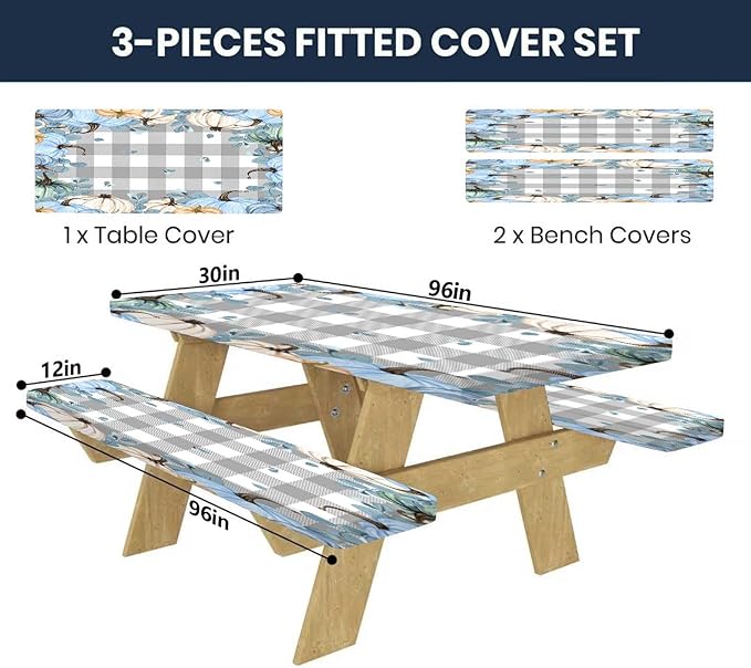 CAPSCEOLL Fitted Picnic Table Cover with Bench Covers with Elastic 8Ft Waterproof Picnic Table Cloths Windproof Outdoor Camping Tablecloth with Drawstring Bag, 96X30in, Blue Pumpkins