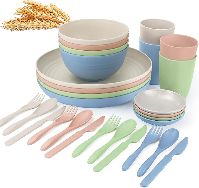 wheat straw bowls,plates,cups and cutlery sets 28 pcs - Unbreakable Dishwasher Safe dinnerware sets service for 4 - Ideal dish sets for kitchen, camping, indoors and out doors.Nordic