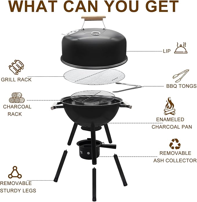 17 Inch Portable Charcoal Grill with Removable Legs, Porcelain Enamel BBQ Kettle with Ash Catcher and Wooden Handle for Camping, Tailgating, Patios, Backyards, Outdoor Cooking & Picnics