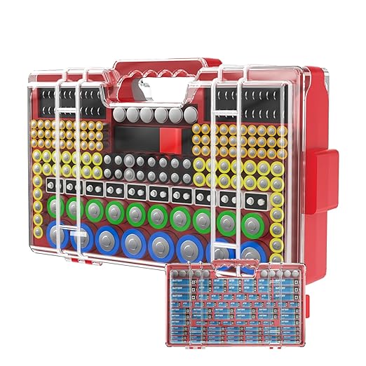 Battery Organizer Storage Holder Box Case with Tester, Ultra-Large 280+ Batteries Double-Sided Variety Pack,Holds AA AAA 4A C D Cell 9V 3V Lithium18650 LR44 CR2 CR123 CR1632 - Red