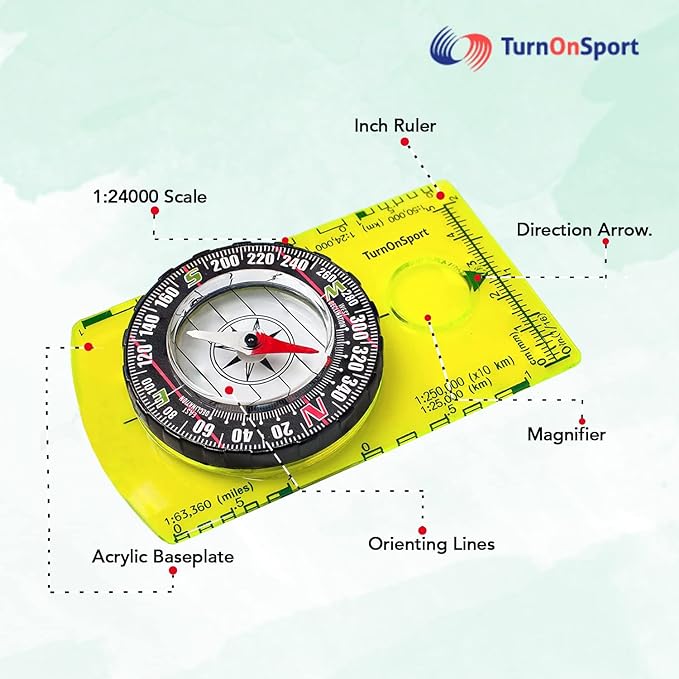 TurnOnSport Orienteering Compass - Advanced Scout Compass for Hiking, Camping, and Backpacking - Best Survival Gifts for Kids