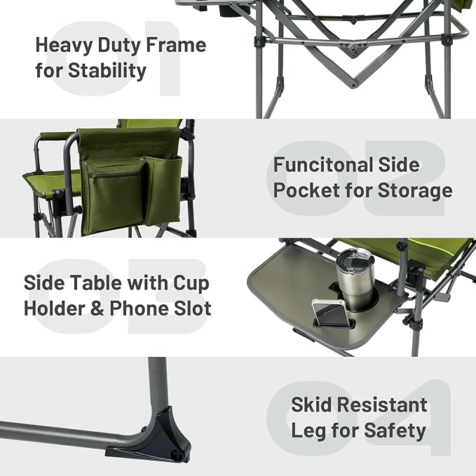 Timber Ridge Aluminum Camping Directors Chair with Side Table Pocket, Portable Folding Chair, Heavy Duty Lawn Chair for Fishing Trip Picnic Concert Outdoor 400lbs, Green