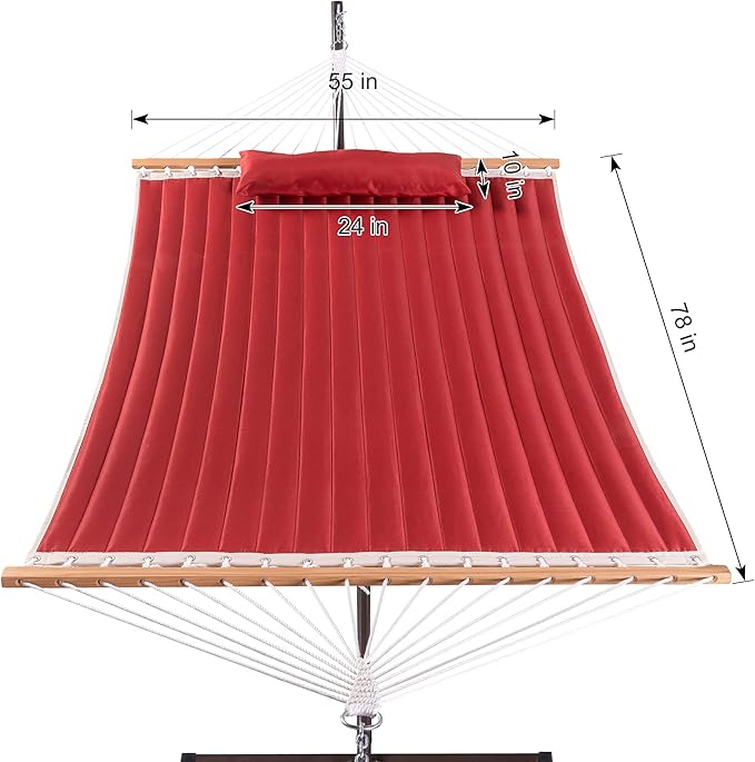 Lazy Daze Quilted Fabric Hammock with 12-Foot Stand, Double 2-Person Hammock with Pillow for Outdoor Outside Patio, Garden, Backyard, 450LB Capacity, Red